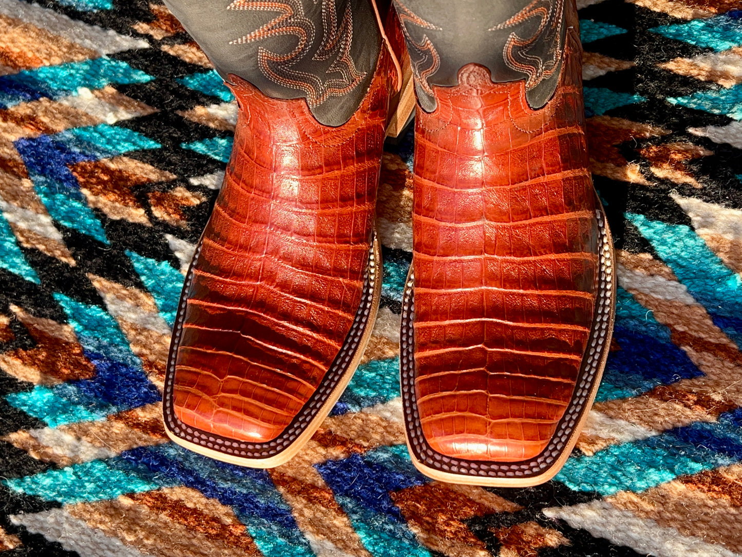 Macie Bean Exotic - Brandy Caiman with Blue Leather Upper (Square toe)