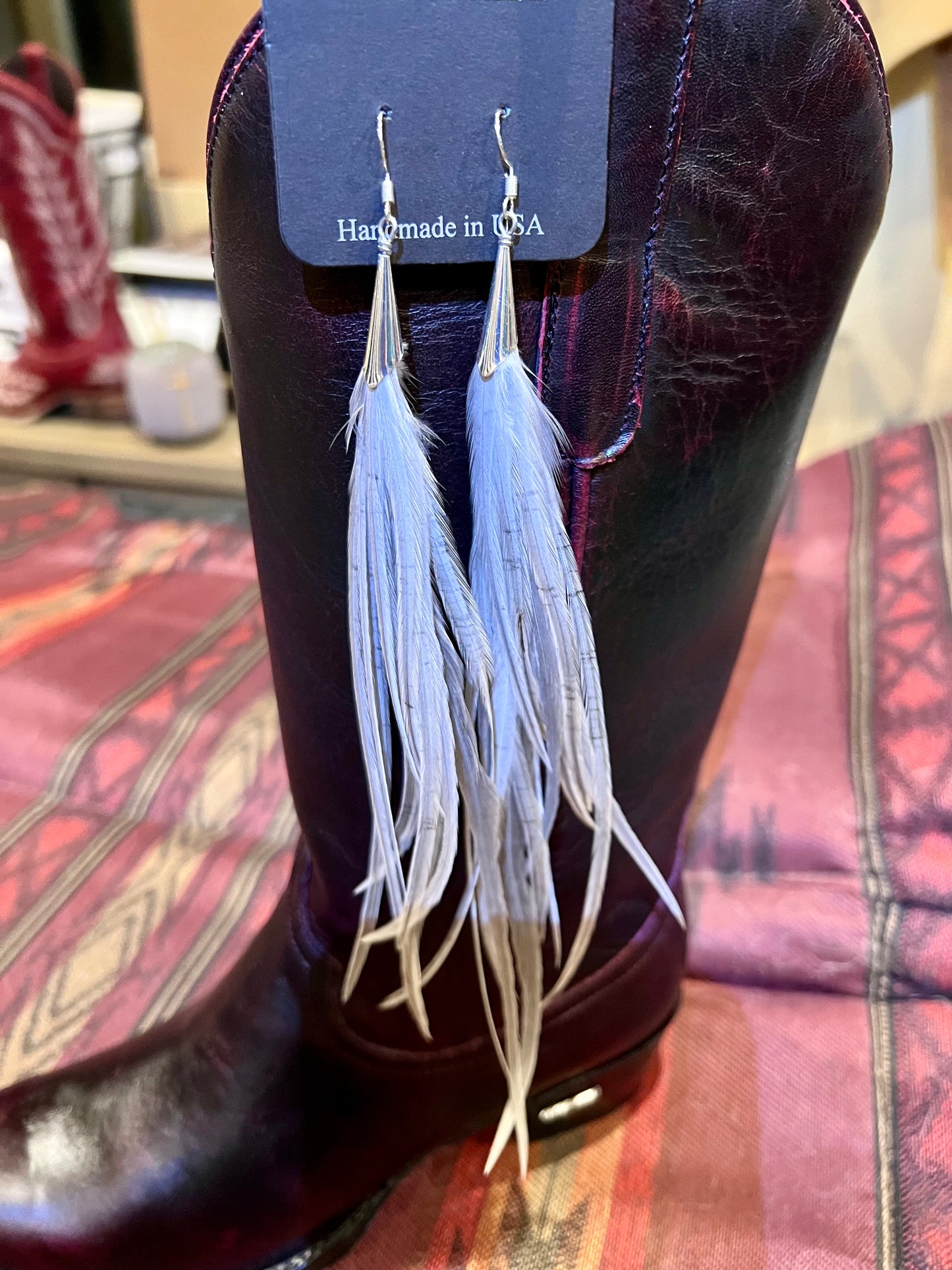 Handmade Earrings - Gray Feathers/Silver Cone