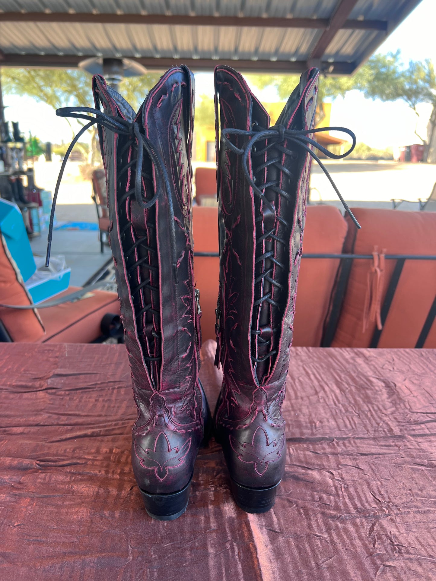 Reverie Tall Boot with Corset and Side Zip in Black Cherry