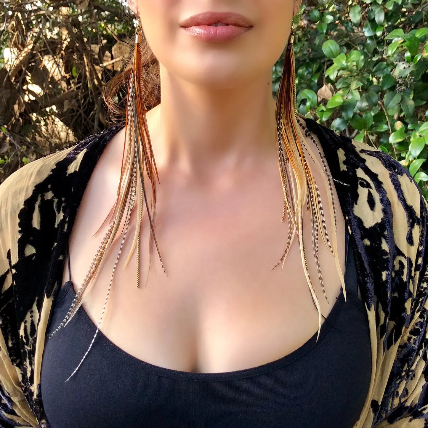 Handmade Earrings - Coque Rooster Feather mix with Antique Brass Chain