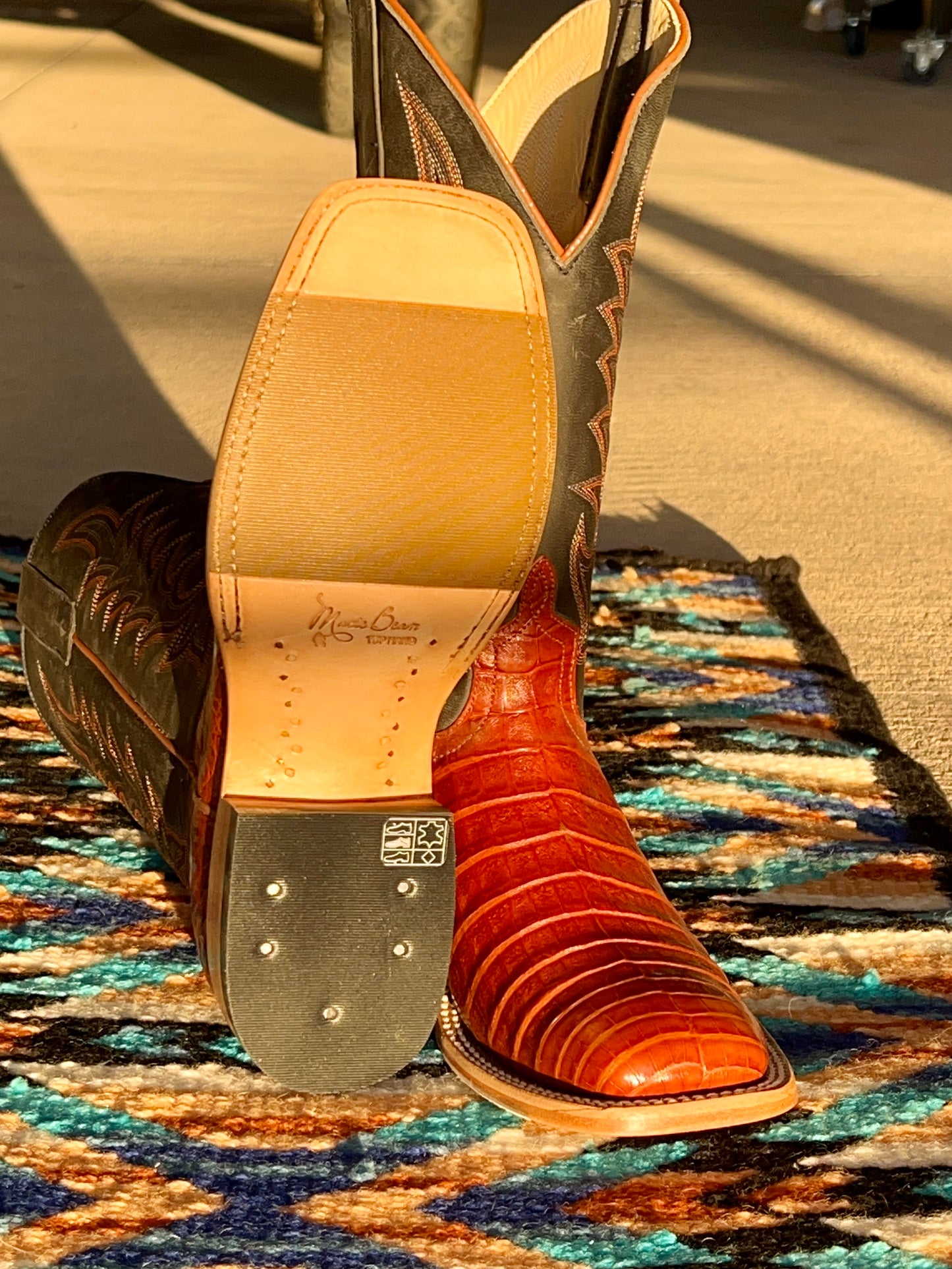 Macie Bean Exotic - Brandy Caiman with Blue Leather Upper (Square toe)