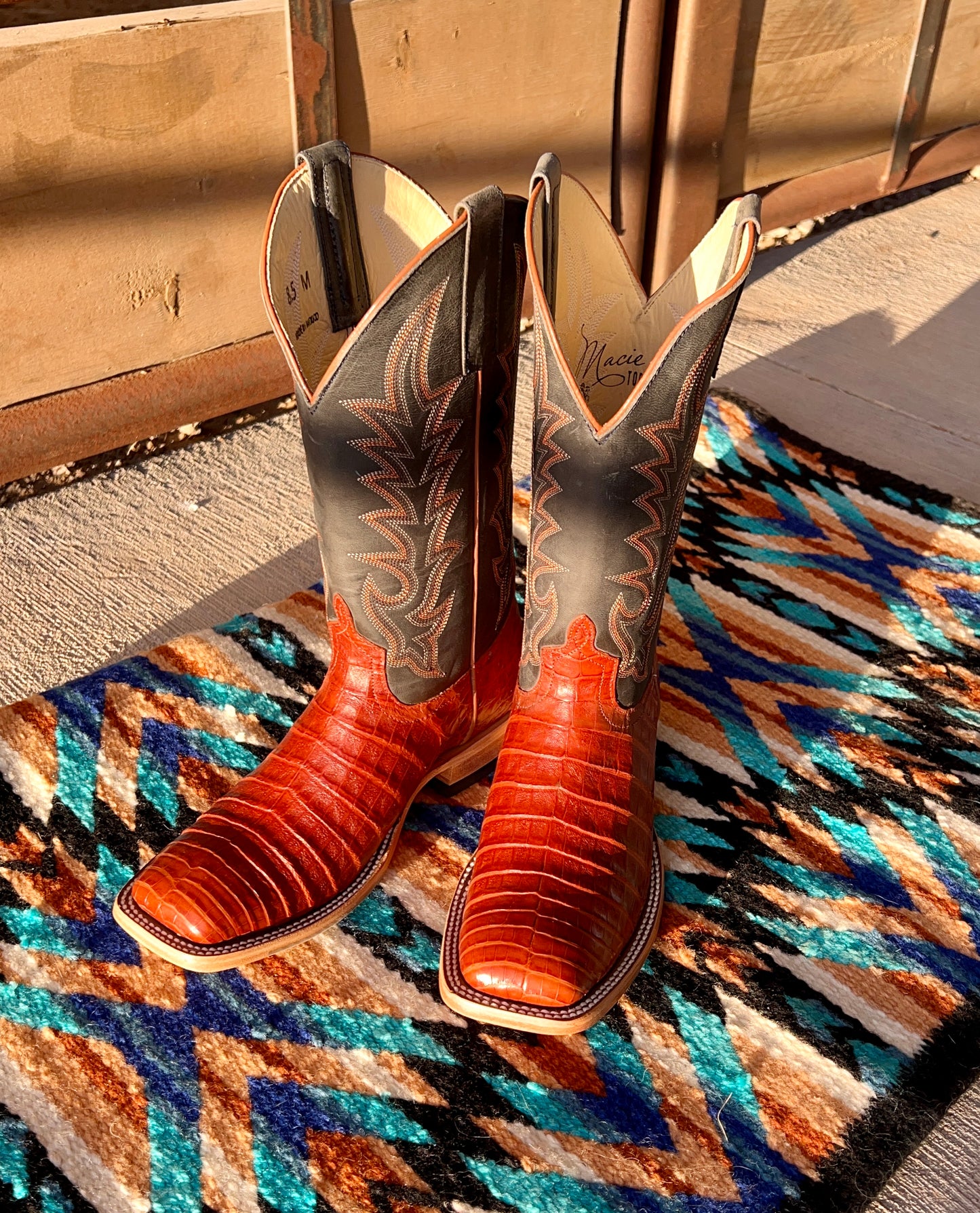 Macie Bean Exotic - Brandy Caiman with Blue Leather Upper (Square toe)