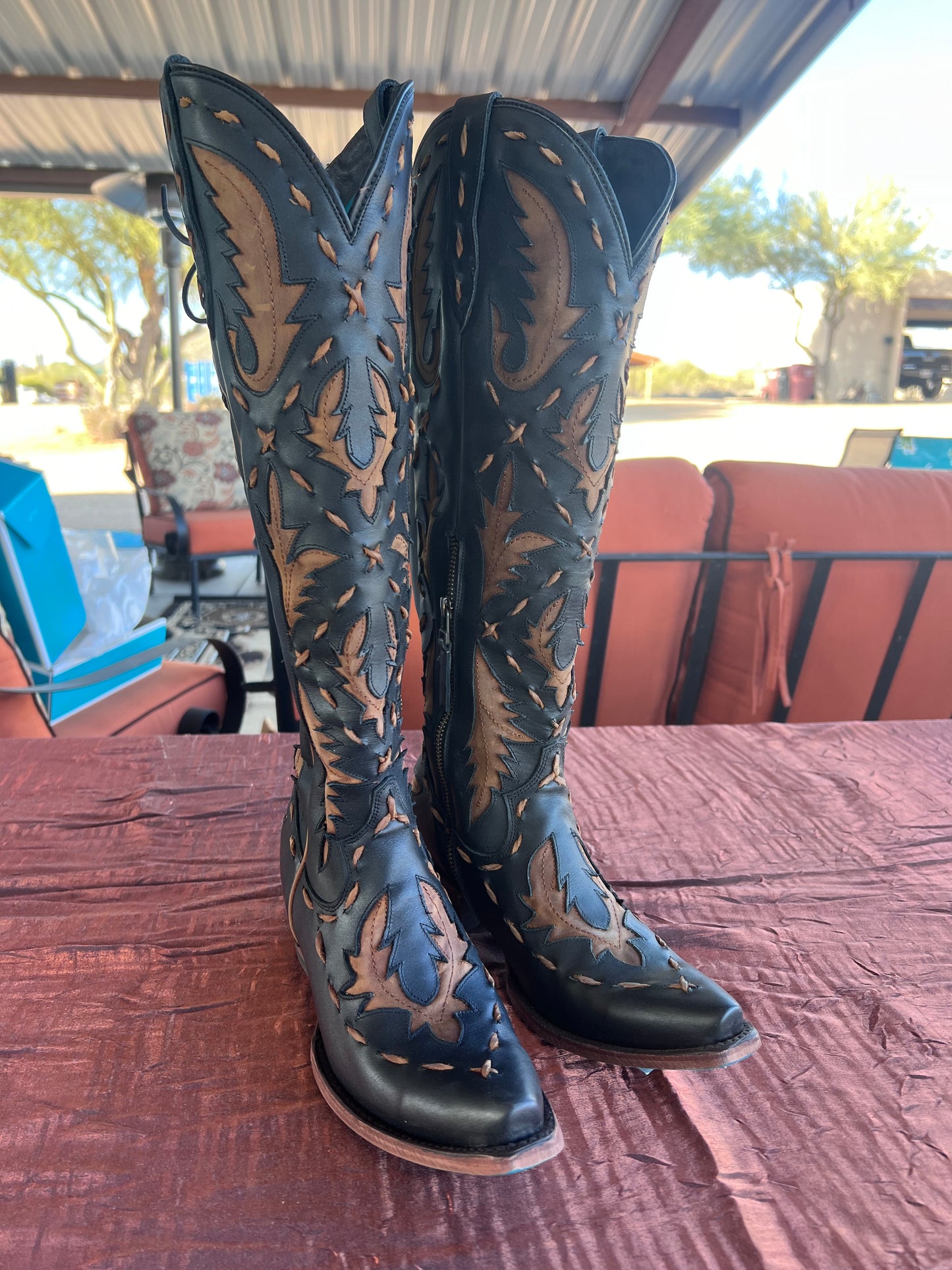 Reverie Tall Boot with Corset and Side Zip - Black/Caramel Brown