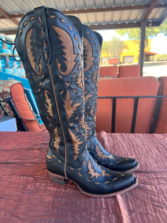 Reverie Tall Boot with Corset and Side Zip - Black/Caramel Brown