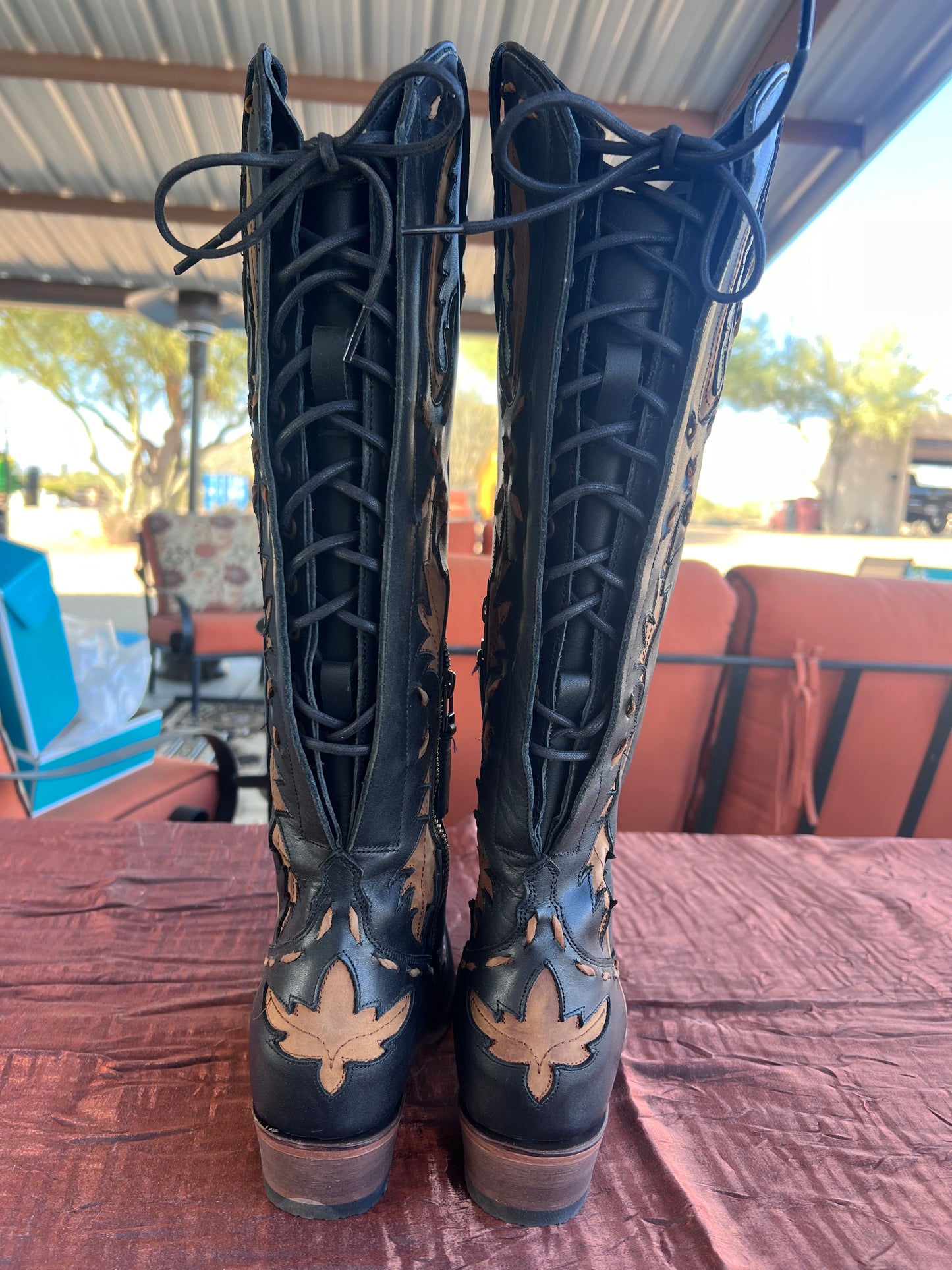 Reverie Tall Boot with Corset and Side Zip - Black/Caramel Brown