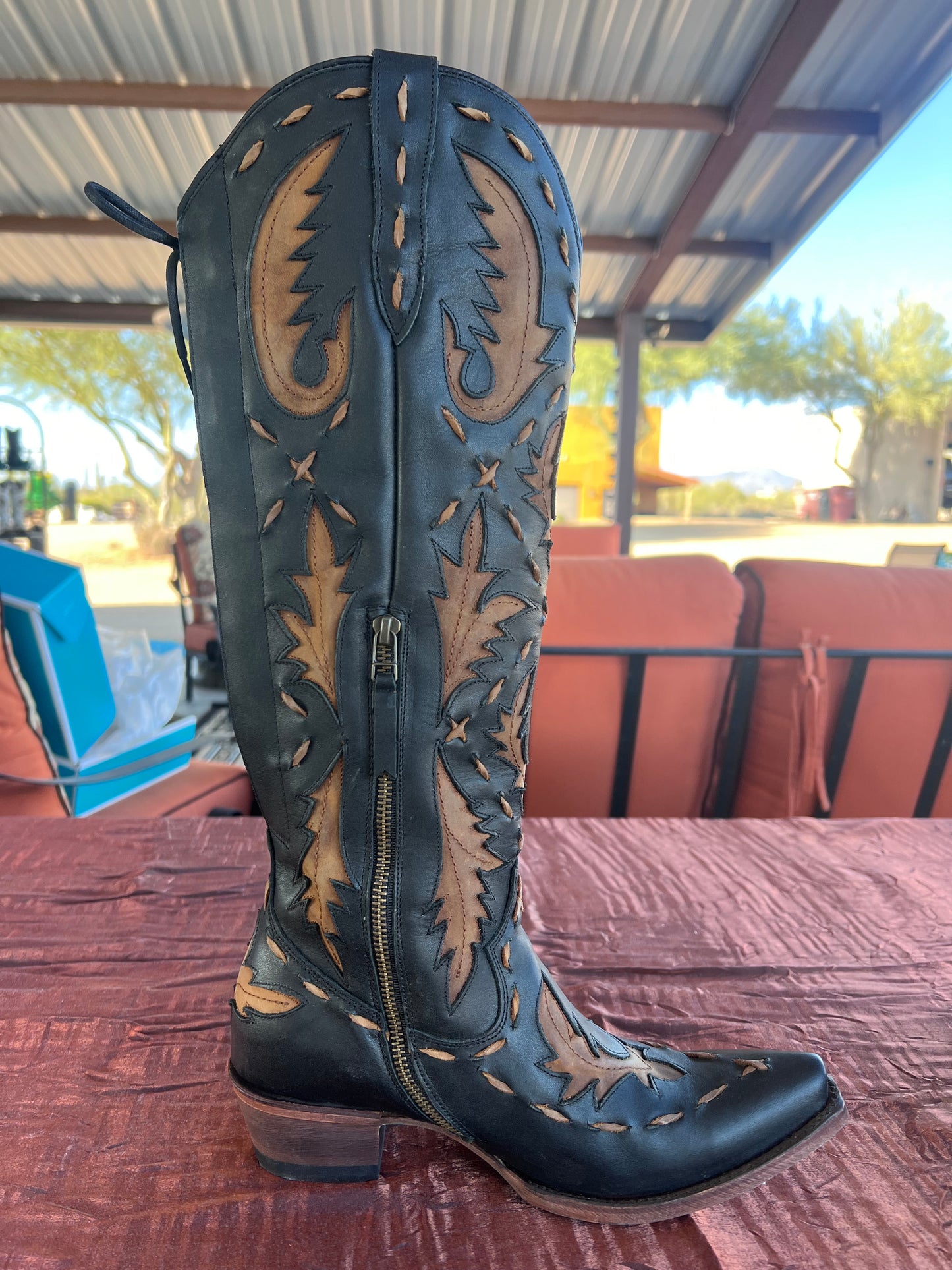 Reverie Tall Boot with Corset and Side Zip - Black/Caramel Brown