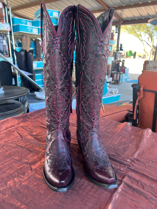 Reverie Tall Boot with Corset and Side Zip in Black Cherry