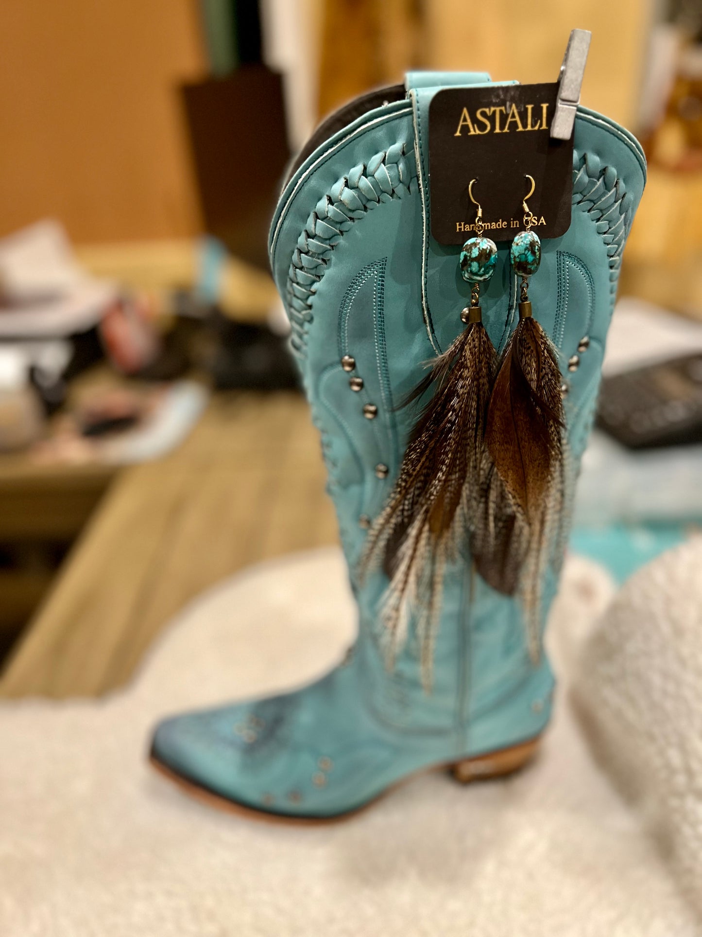 Handmade Earrings -Turquoise Stone & Feather Earrings